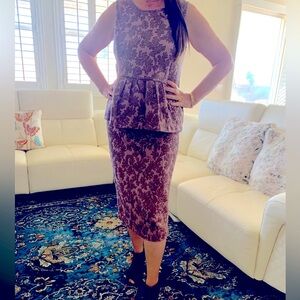 Ann Taylor cotton blend peplum top & midi skirt set mauve/golden size 8